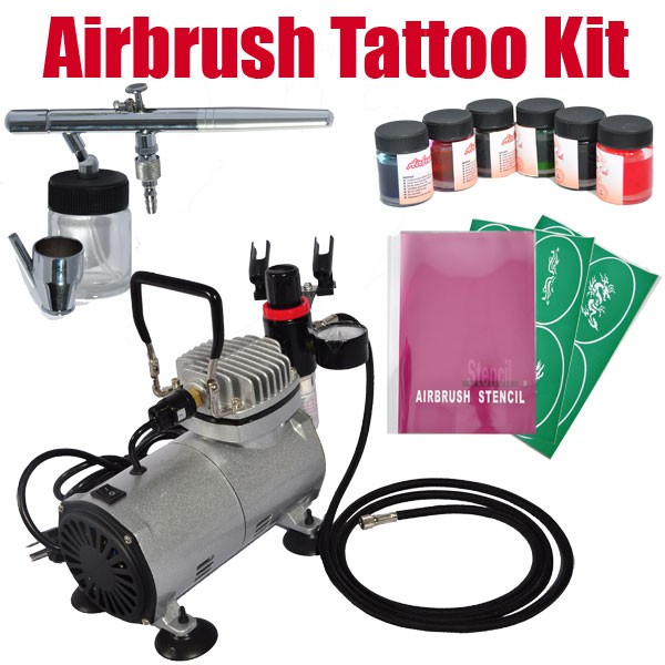 Airbrush Kit for Temporary Tattoo / Compressor / DUAL ACTION Bottom Feed Airbrush / 6 Bottles Ink / 100 Tattoo Stencils Book AB02