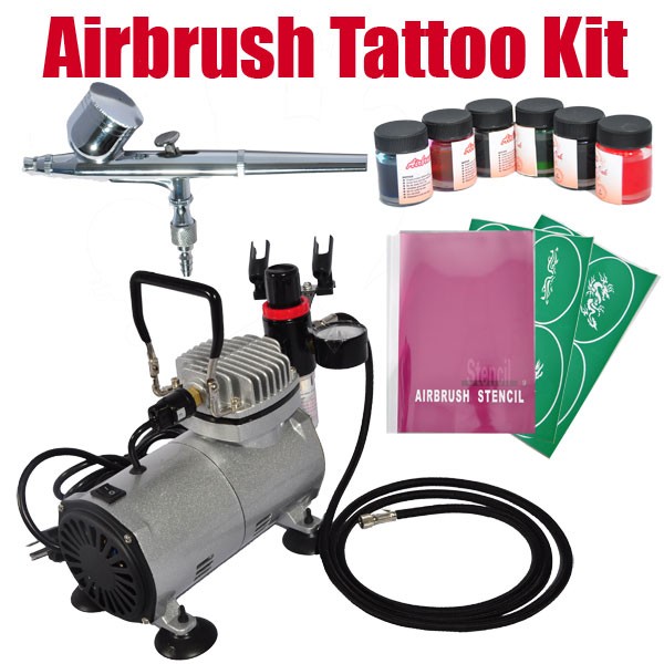 Airbrush Kit for Temporary Tattoo / Compressor / DUAL ACTION Gravity Feed Airbrush / 6 Bottles Ink / 100 Tattoo Stencils Book AB03